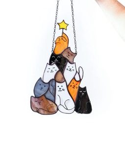 Suncatcher Christmas tree made of cats Stained Glass Window Hangins Christmas home decor Cat Art gift Cute home decor