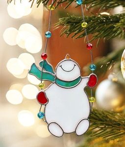 Stained Glass Snowman Christmas Tree Ornament. Festive Holiday Decoration. Perfect Christmas Gift for Family and Tree Decor Keepsake.