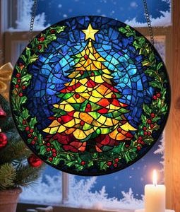 Christmas Trees Stained Glass, Suncatcher, Festive Stained Glass Christmas Tree Suncatcher, Holiday Decor, Gift For Family Window Hanging