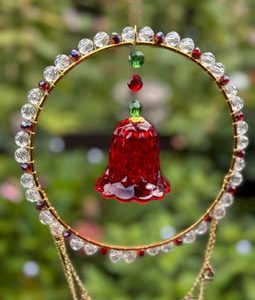 Handmade Christmas Bell Suncatcher - Red Crystal, Boho Christmas Decor, Rainbow Maker