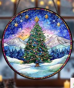 Starry Night Christmas Tree Stained Glass Suncatcher: Winter Landscape Window Art