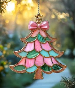 Glitter Bow Pastel Christmas Tree Acrylic Window Suncatcher | Pink & Teal Layers, Shimmer Tree Light Catcher, Cute Holiday Ornament Gift