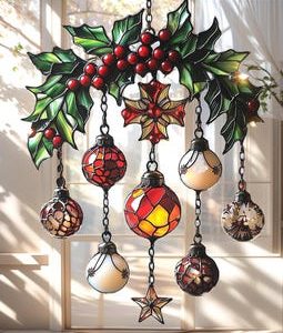 Christmas Ornament Faux Stained Glass Acrylic Suncatcher With Holly Leaves And Baubles Holiday Window Hanging Decor