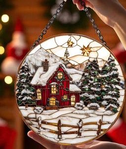 Christmas Barn Stained Glass Suncatcher, Festive Red Barn Snowy Tree, Christmas Tree Suncatcher, Farmhouse Christmas Window Hanging Decor