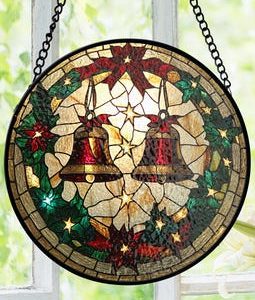 Christmas Bells Stained Glass Suncatcher, Festive Holiday Window Decor, Winter Wreath Theme, Gift for Christmas Lovers & Home Decor Fans
