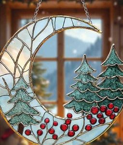 Moon and Pine Trees Acrylic Suncatcher Ornament, Christmas Tree Window Hanging, Holiday Decor Gift, Winter Holiday Decor, Christmas Gift
