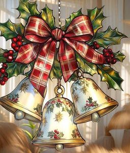 Christmas Bells Faux Stained Glass Acrylic Suncatcher With Red Bow And Holly Leaves Window Hanging Holiday Decor Gift For Family
