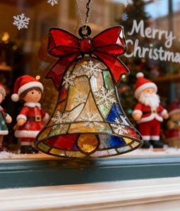 Stained Glass Christmas Bell Ornament, Vintage Style with Red Bow