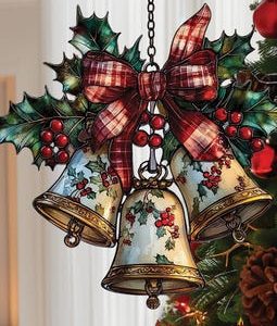 Holly Bell Trio Acrylic Suncatcher, Faux Stained Glass Ribbon Window Hanging, Elegant Christmas Home Gift For Grandma