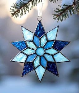 Blue Stained Glass Snowflake Ornament – Handmade Christmas Tree Suncatcher, Winter Window Decor Gift