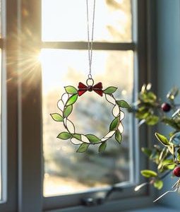 Real Stained Glass Mistletoe Wreath Suncatcher – Handmade Holiday Window Hanging Christmas Gift , Xmas 2025.