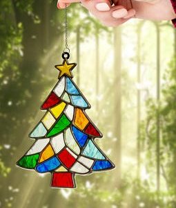 Stained Glass Christmas Tree Suncatcher, Colorful Acrylic Window Hanging, Holiday Home Decor, Bright Light Catcher Gift