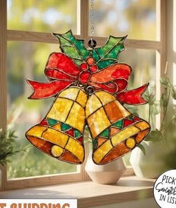 Christmas Jingle Bells Acrylic Suncatcher, Faux Stained Glass And Bow Window Decor, Classic Holiday Gift For Mom, Christmas Decor, Xmas Gift