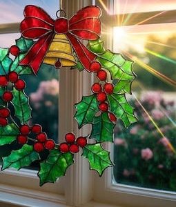 Christmas Wreath Suncatcher, Holly Leaf and Bell Ornament with Red Bow, Holiday Stained Glass Acrylic Window Decor, Holiday Home Gift