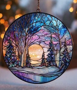 Winter Land Stained Glass SunCatcher, Winter Season, Christmas Tree Decor, Snow Scene Glass Window Hanging for Christmas