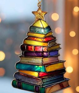 Acrylic Book Christmas Tree Suncatcher, Colorful Stained Glass-Style Ornament with Rainbow Books, Unique Holiday & Home Decor
